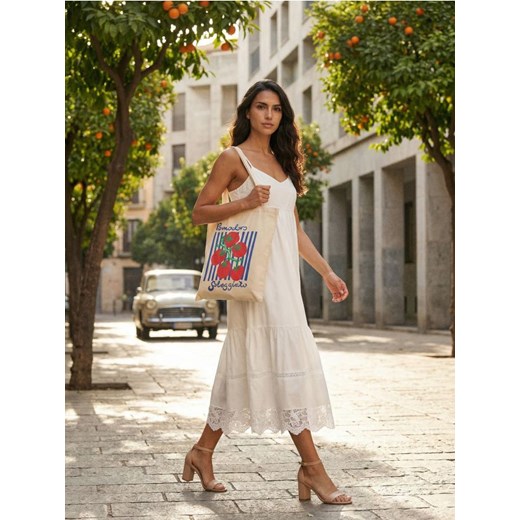 Sinsay - Sukienka midi z koronkowym wykończeniem - biały Sinsay L okazja Sinsay