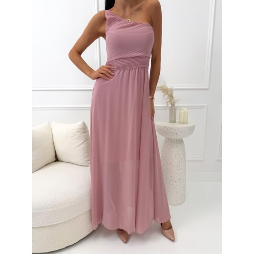 Pudrowa Szyfonowa Sukienka na Jedno Ramię ze sklepu ModnaKiecka.pl w kategorii Sukienki - zdjęcie 189346305