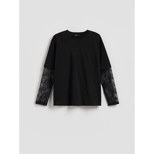 Reserved - T-shirt z koronkowymi rękawami - czarny Reserved L Reserved