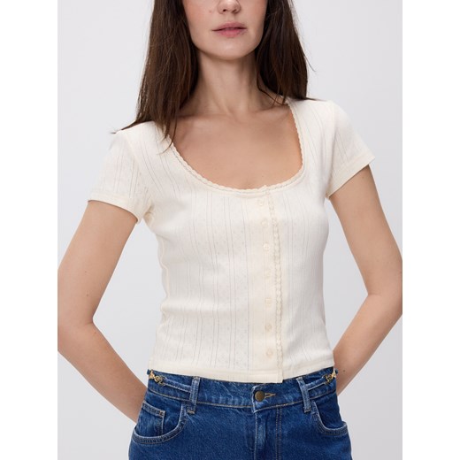 Reserved - Bawełniany t-shirt z guzikami - złamana biel ze sklepu Reserved w kategorii Bluzki damskie - zdjęcie 189373906