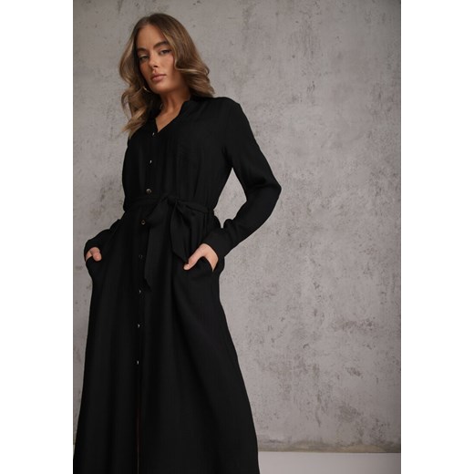 Czarna Sukienka z Wiskozą o Koszulowym Kroju z Wiązanym Paskiem Rissanni ze sklepu renee.pl w kategorii Sukienki - zdjęcie 189383239