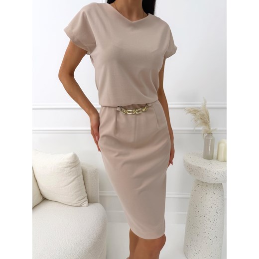 Beżowa Taliowana Sukienka ze sklepu ModnaKiecka.pl w kategorii Sukienki - zdjęcie 189406726