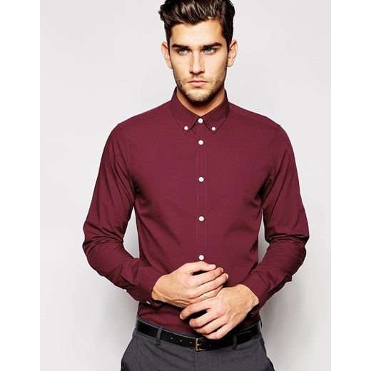 ASOS Smart Shirt In Long Sleeve With Button Down Collar - Burgundy