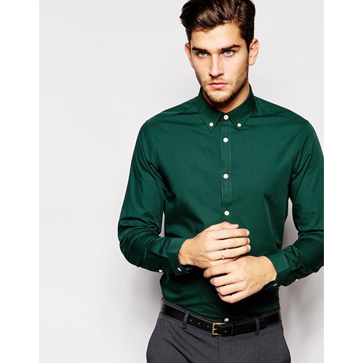 ASOS Smart Shirt In Long Sleeve With Button Down Collar - Green asos zielony Koszule casual męskie