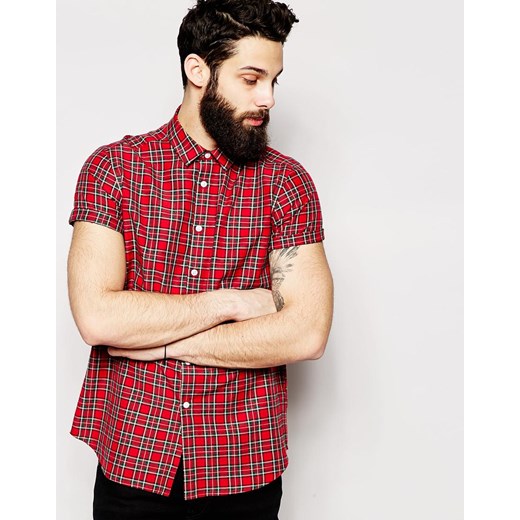 ASOS Shirt In Short Sleeve With Tartan Check - Red asos czerwony Koszule casual męskie