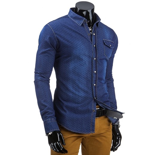 Koszula jeansowa męska z długim rękawem (dx0816) - Niebieski dstreet granatowy bawełna