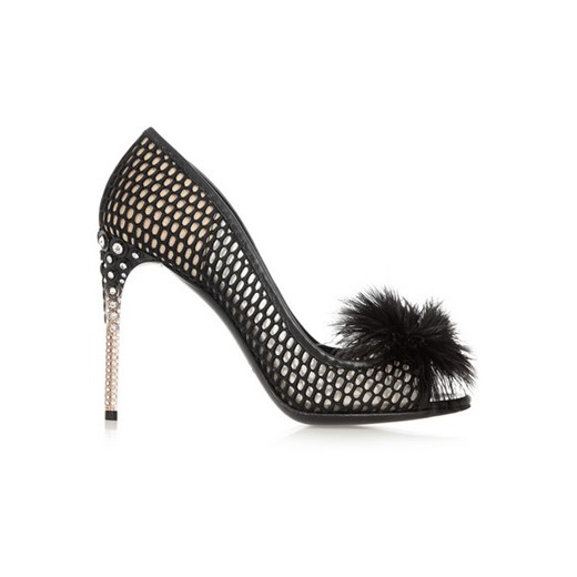 Feather-embellished mesh peep-toe pumps net-a-porter szary glamour
