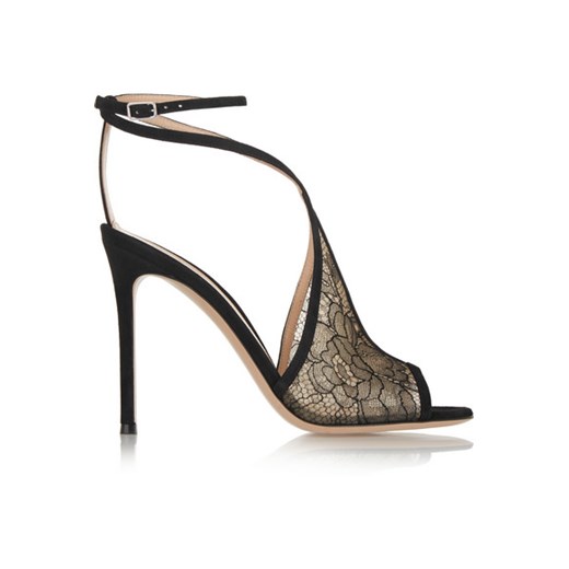 Suede-trimmed Chantilly lace sandals net-a-porter bialy lato