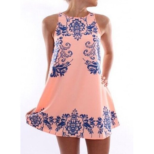 Round Neck Sleeveless Floral Slim Dress romwe rozowy
