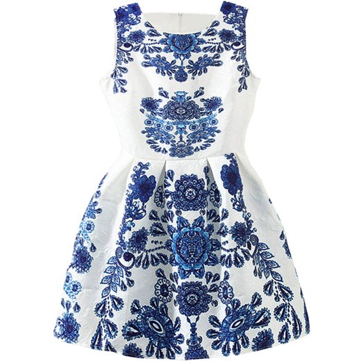 Sleeveless Blue And White Porcelain Print Flare Dress romwe niebieski nadruki
