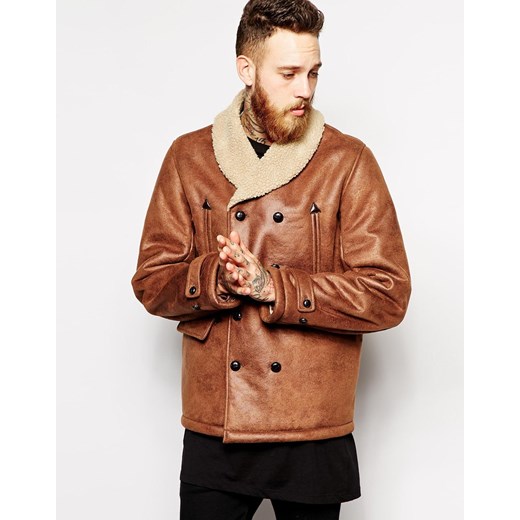 ASOS Leather Look Jacket With Faux Shearling - Tan asos brazowy casual