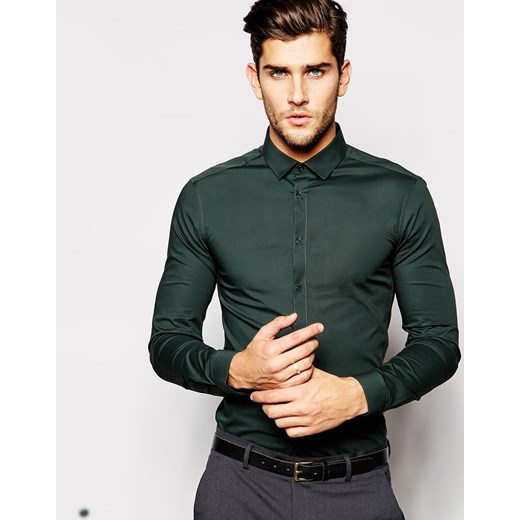 ASOS Skinny Fit Shirt In Khaki With Long Sleeves - Dark green asos zielony Koszule casual męskie