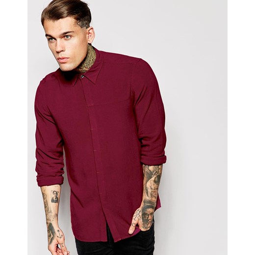 ASOS Shirt In Viscose Linen Mix With Mini Button Down - Burg asos czerwony Koszule casual męskie