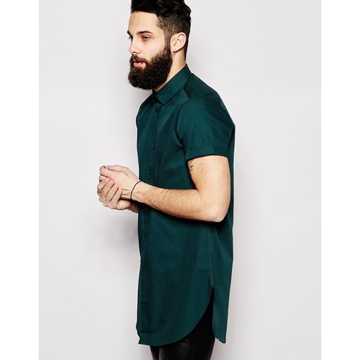 ASOS Shirt In Super Longline With Short Sleeves - Green asos zielony Koszule casual męskie