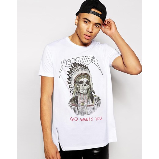 ASOS Longline T-Shirt With Yeezus Kanye West With Side Zip Skater Fit - White asos fioletowy jesień