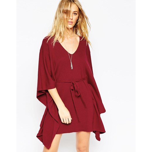 ASOS Belted Cape Dress With Ribbed Front Panel - Dark red asos czerwony bawełna