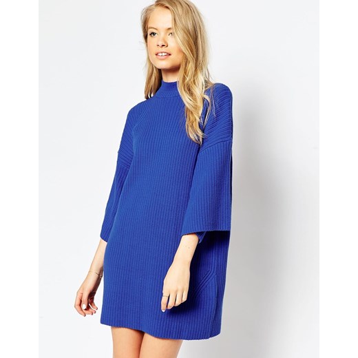 ASOS Jumper Dress With Wide Sleeve And Double Neck Detail - Cobalt asos fioletowy bawełna