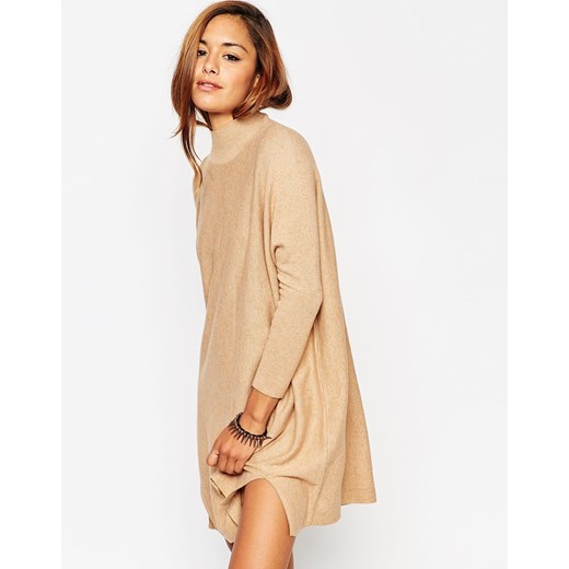 ASOS Tunic Dress In Knit With High Neck In Cashmere Mix - Camel asos bezowy bawełna