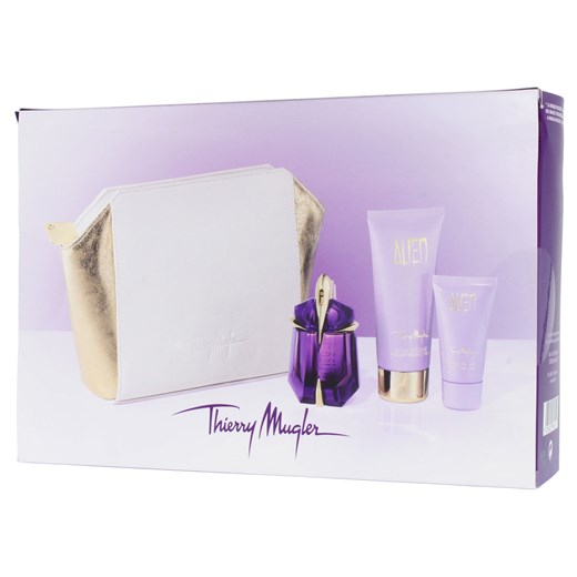 Thierry Mugler Alien Zestaw Woda perfumowana  30 ml spray + balsam 100 ml + żel pod prysznic  30 ml + kosmetyczka (uszkodzone pudełko) perfumeria fioletowy 