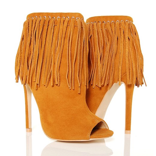 Botki - Camelowe Open Toe Rude - Frędzle buu-pl pomaranczowy boho