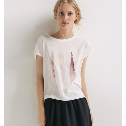 Promod T-shirt z łączonych materiałów promod-pl bezowy Bluzki z nadrukiem