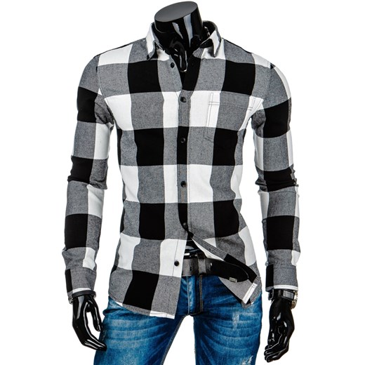 Czarno-biała koszula męska w kratę (dx0825) dstreet czarny bawełna