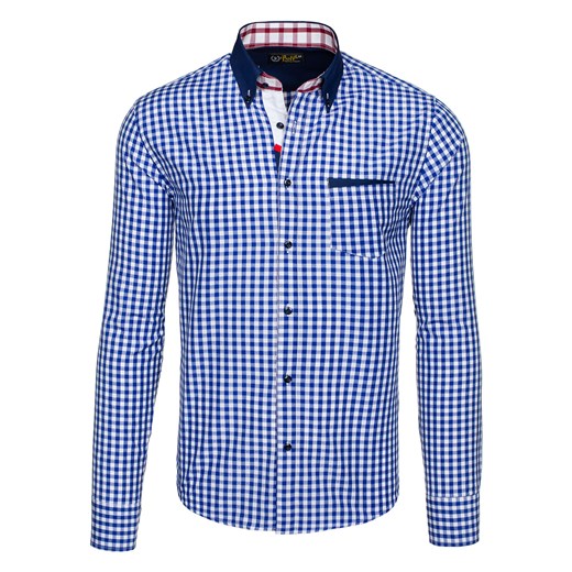 Koszula męska BOLF 5761 kobaltowa - KOBALTOWY denley-pl niebieski Koszule w kratę męskie