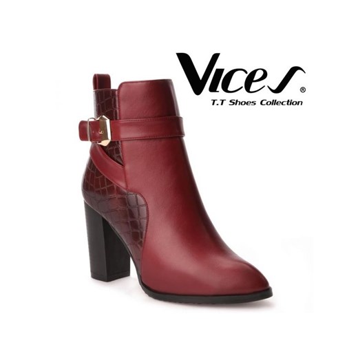 VICES - Eleganckie bordowe botki - wężowe wstawki stukstuk-pl czerwony Botki na platformie