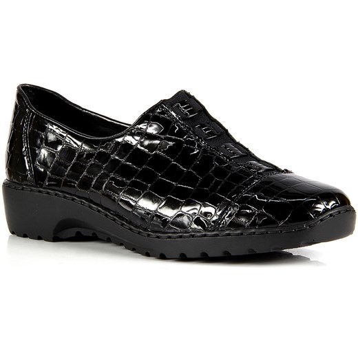 RIEKER L6068-00 skórzane czarne półbuty damskie lakierowane wężowe butyraj-pl czarny glamour