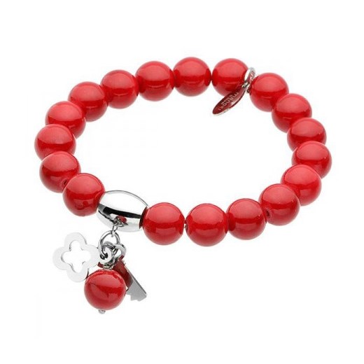 Czerwona bransoletka z jadeitów z charmsami - kluczem i koniczyną 77-BA282C silverado-pl bialy kamienie