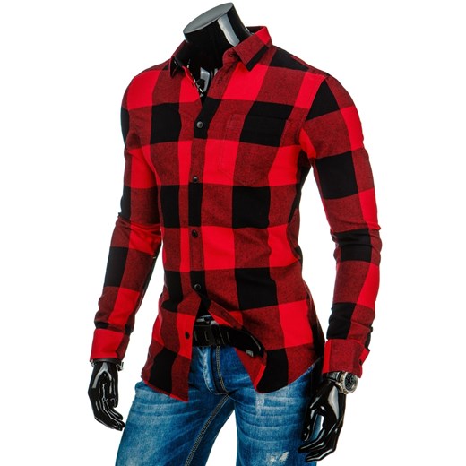 Czarno-czerwona koszula męska w kratę (dx0826) dstreet brazowy fit
