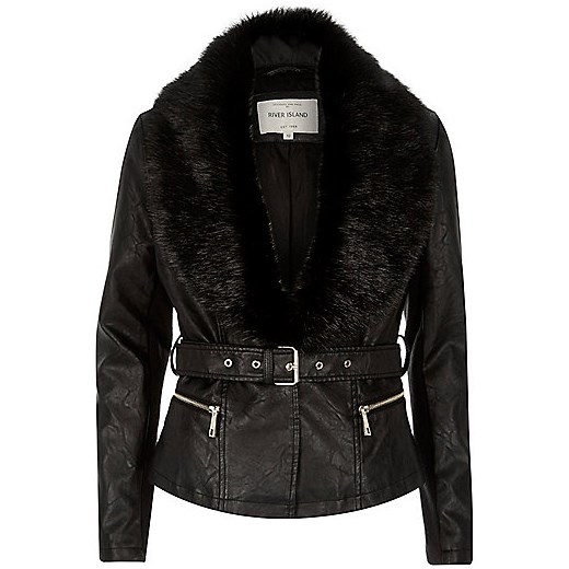 Black leather-look faux fur collar jacket  river-island czarny casual