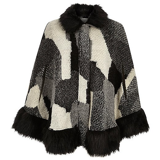 Black patchwork faux fur trim cape river-island czarny zima