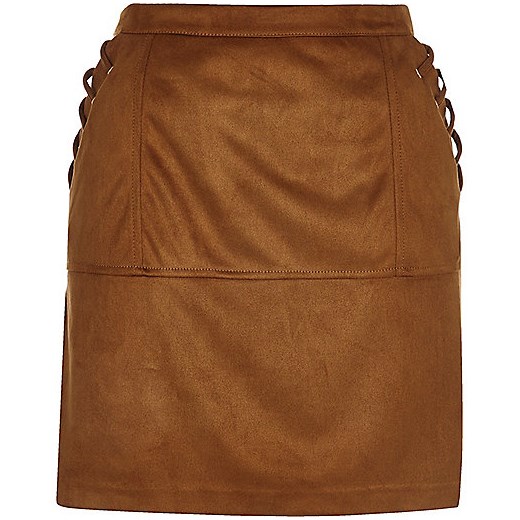 Tan faux suede whipstitch mini skirt  river-island brazowy lato