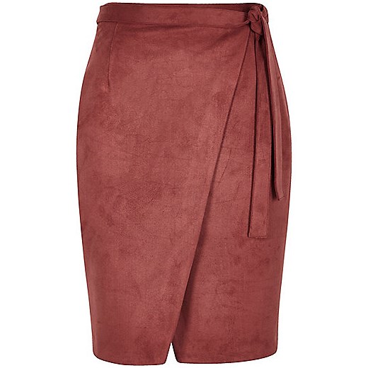 Rust brown faux suede wrap skirt  river-island czerwony lato