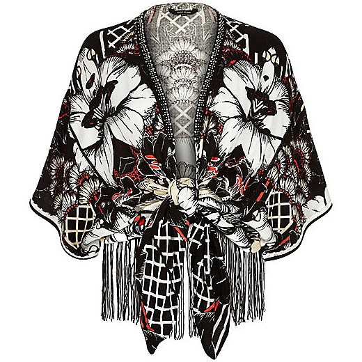 Black floral print tie front kimono jacket  river-island szary casual