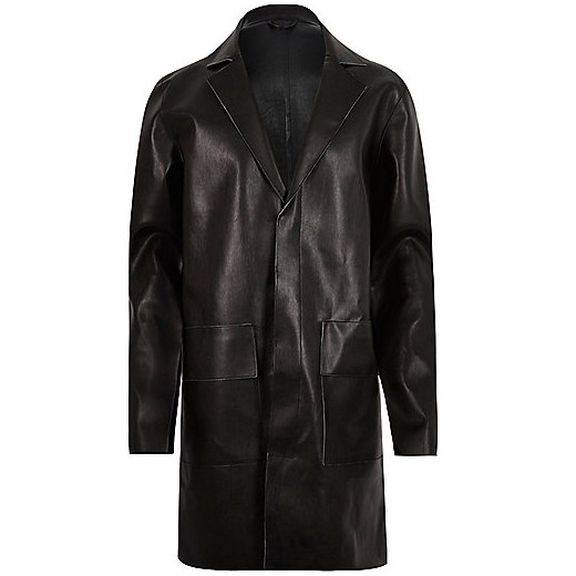 Black leather-look overcoat  river-island czarny bez wzorów