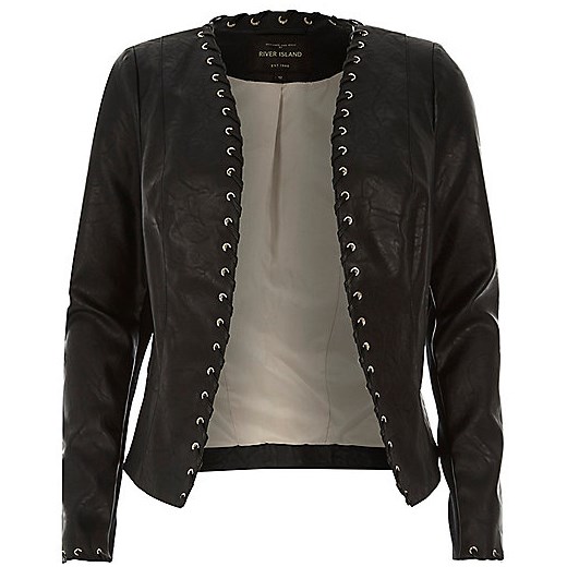 Black leather-look whipstitch jacket  river-island czarny casual