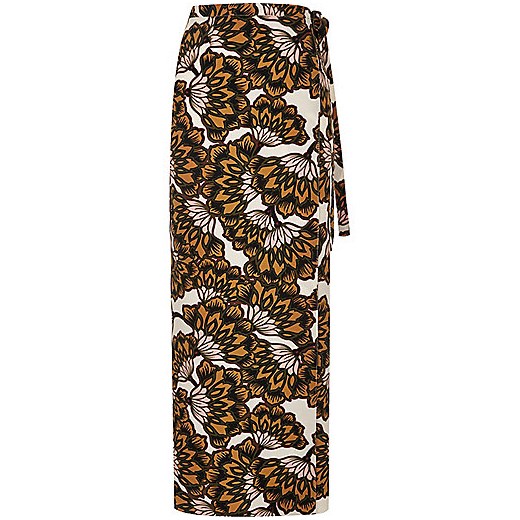 Orange floral print wrap maxi skirt  river-island szary Długie spódnice