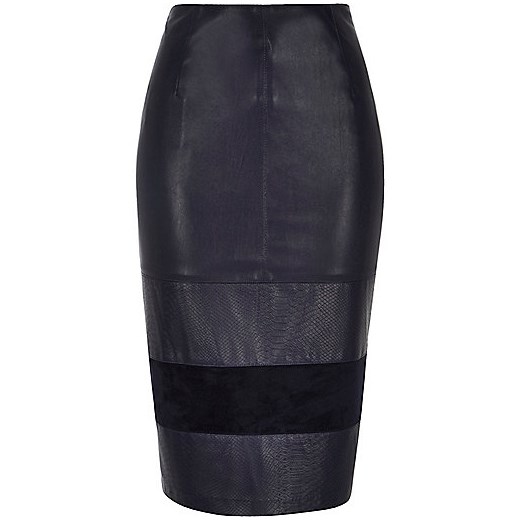 Navy leather-look block panel pencil skirt  river-island szary Spódnice ołówkowe