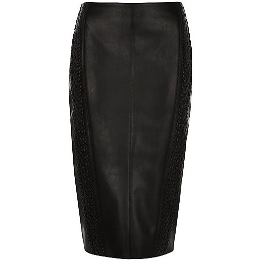 Black whipstitch leather-look pencil skirt  river-island czarny Spódnice ołówkowe
