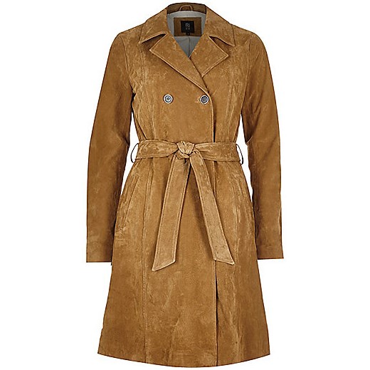 Tan premium suede belted trench coat  river-island brazowy trencze