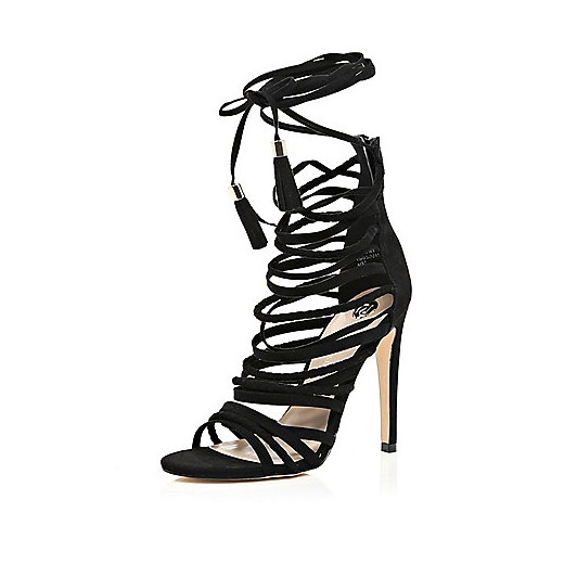 Black strappy tassel heeled sandals  river-island czarny szpilki