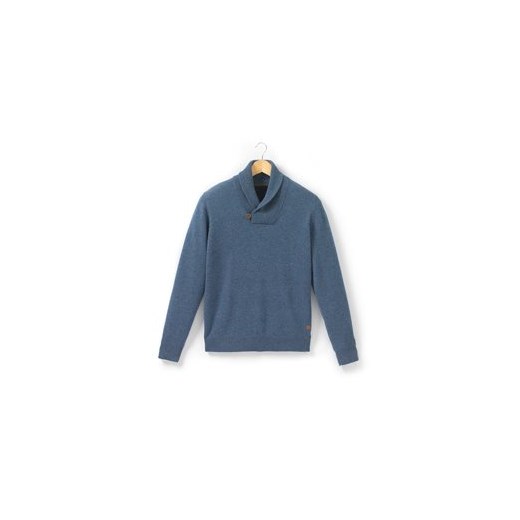 Sweter z kołnierzem szalowym, zapinany na 1 guzik, z czystej wełny jagnięcej la-redoute-pl niebieski dzianina