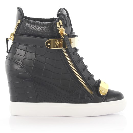 Giuseppe Zanotti Kobiety Sneakersy na koturnie Lorenz skóra czarne tłoczenie skóra krokodyla