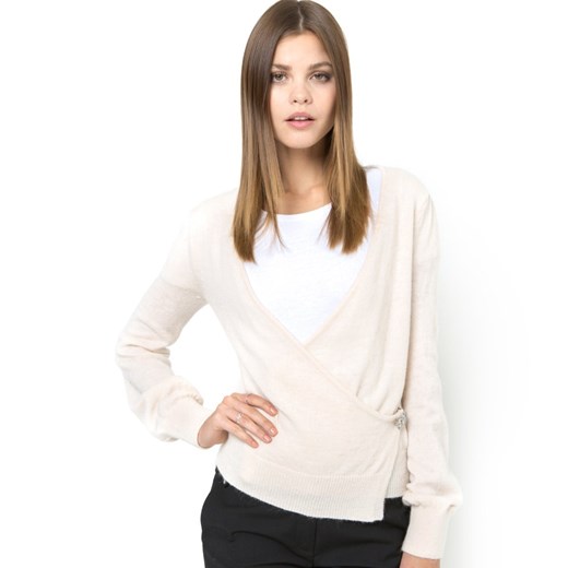 Sweter na zakładkę z fantazyjną broszką la-redoute-pl bezowy jersey