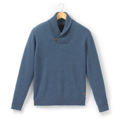 Sweter z kołnierzem szalowym, zapinany na 1 guzik, z czystej wełny jagnięcej la-redoute-pl niebieski dzianina