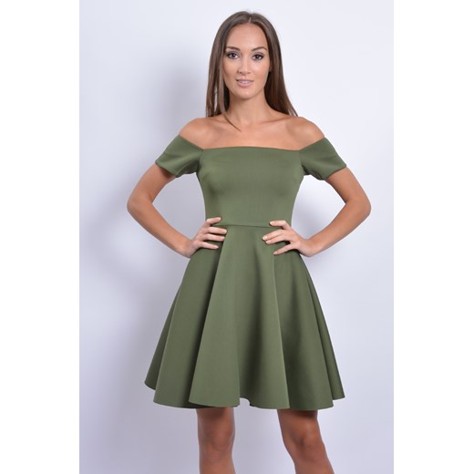 Sukienka piankowa z opuszczonymi ramionami khaki cocomoda-pl rozowy midi