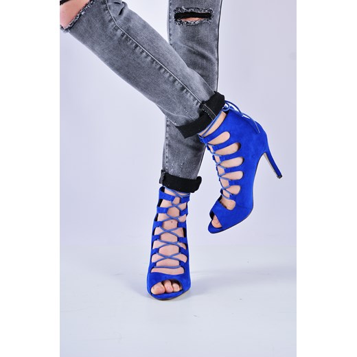 Szpilki sznurowane zamszowe kobalt cocomoda-pl niebieski Sandały na szpilce