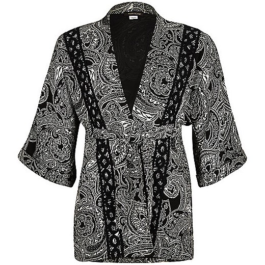 Girls black paisley print kimono jacket 